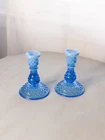 Vintage Fenton Blue Opalescent Glass Hobnail Candlesticks (Set of 2)