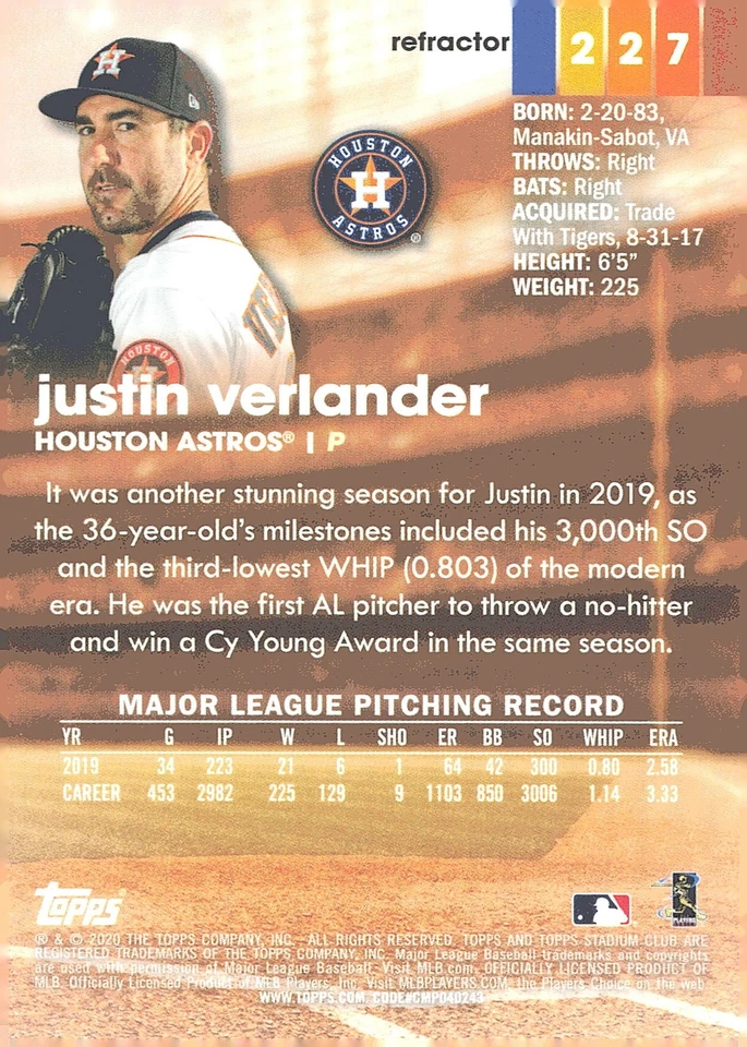2020 Stadium Club Chrome #227 Justin Verlander - Image 2 of 2