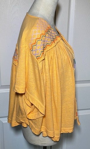 Free People Light Orange Embroidered V-Neck Tassel Ties Oversized Cropped Shirt - Picture 6 of 12