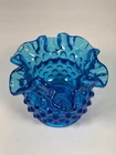 Vintage FENTON Colonial Blue Hobnail Glass Vase Ruffled Edge 3”