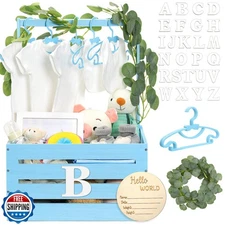 Barydat Wooden Baby Shower Crate Closet Basket with Handle, Baby Announcement