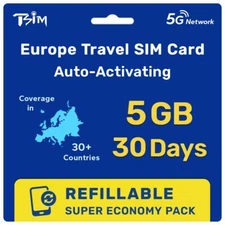 TSIM Europe Data SIM Card 5G Prepaid 50+ Destinations (20GB / 30 Days)