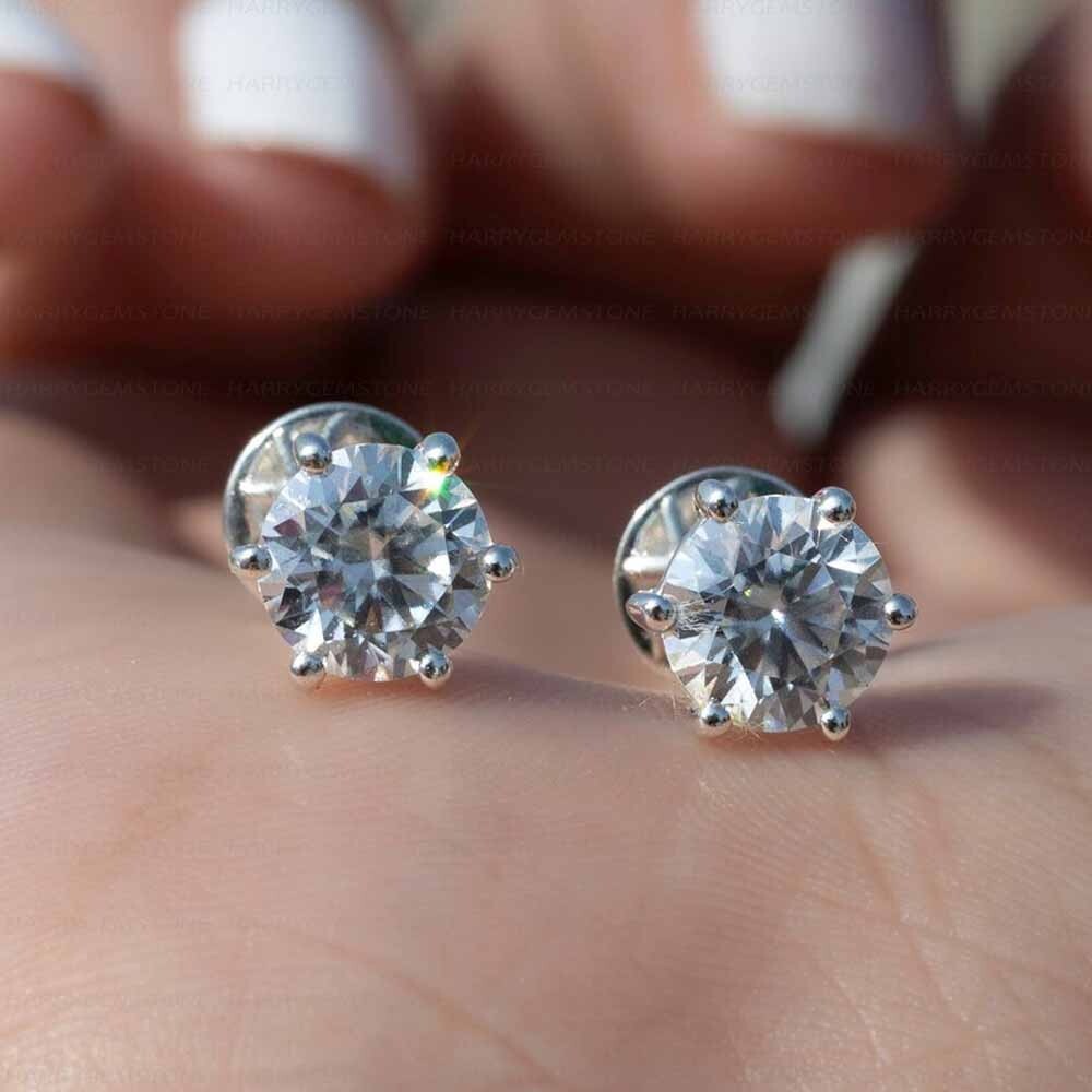 Round Cut Moissanite Solitaire Screw Back Stud Earrings in 14K White Gold Plated
