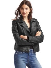 Nwot Gap Women's Leather Multi-seam Moto Jacket, True Black Size M #464216 V120