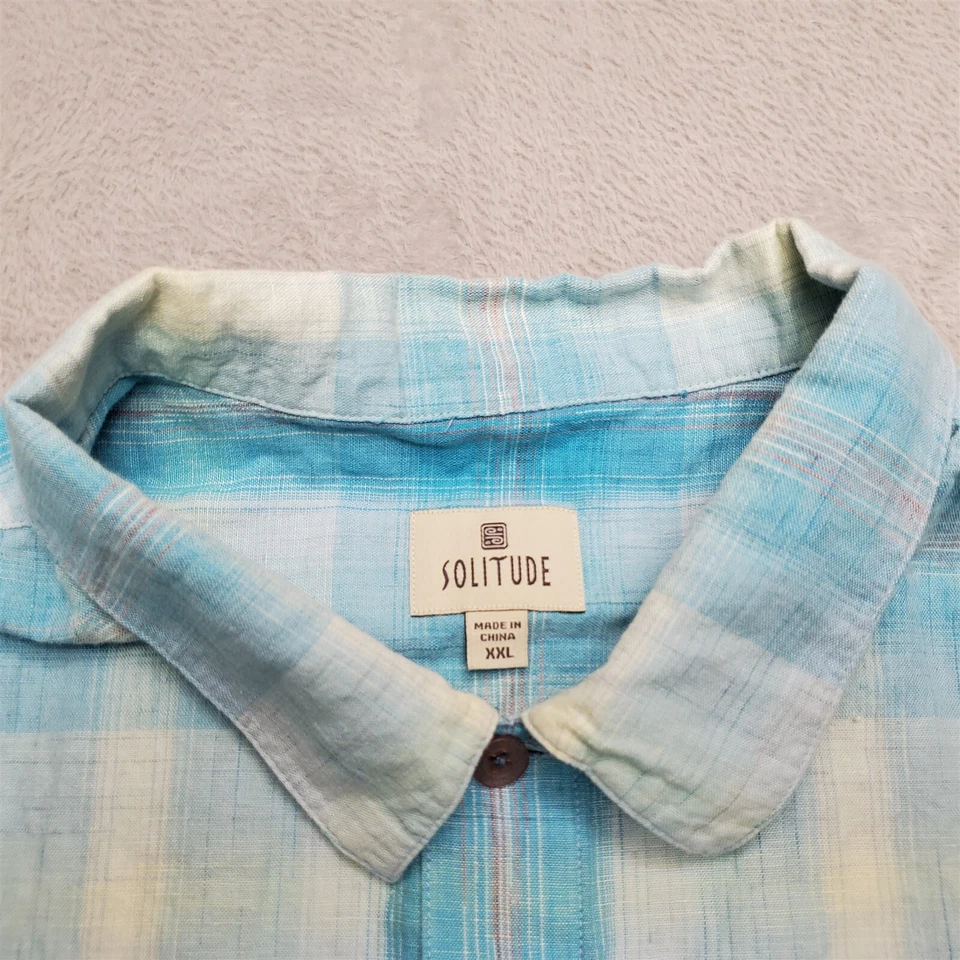 Solitude Shirt Men XXL Blue Plaid Linen Blend Short Sleeve Summer Comfort Casual - Image 3 of 4