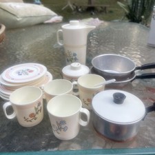 Vintage Chilton Child Play Toy Dish Set 21 Pieces Blue Purple Orange Flowers