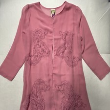 Vintage Y2K 2000s Pink Sheer Long Duster Cardigan Embroidered Sequins Size Med