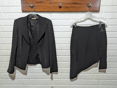 Manigance Paris Women's Black Leather Metal Trim Skirt Suit Size 40 US 8