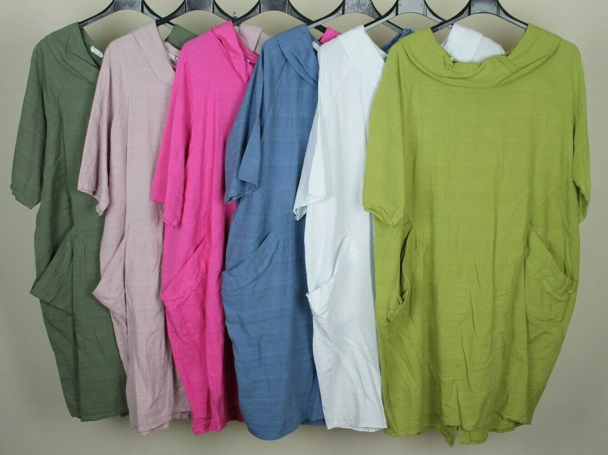 New Unusual Ladies Italian Lagenlook Button Back Collar Design Cowl Neck Dress eBay