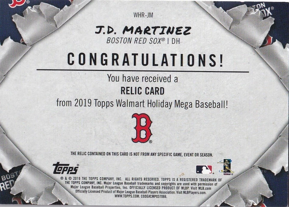 2019 Topps Holiday - Relic #WHR-JM J.D. Martinez - Image 2 of 2