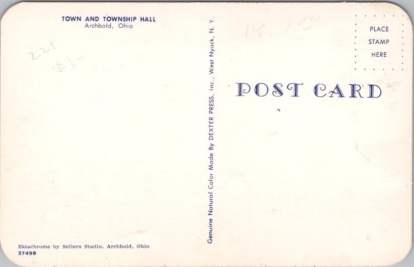 Archbold, Ohio Postcard "Town and Township Hall" Fire Station / Dexter