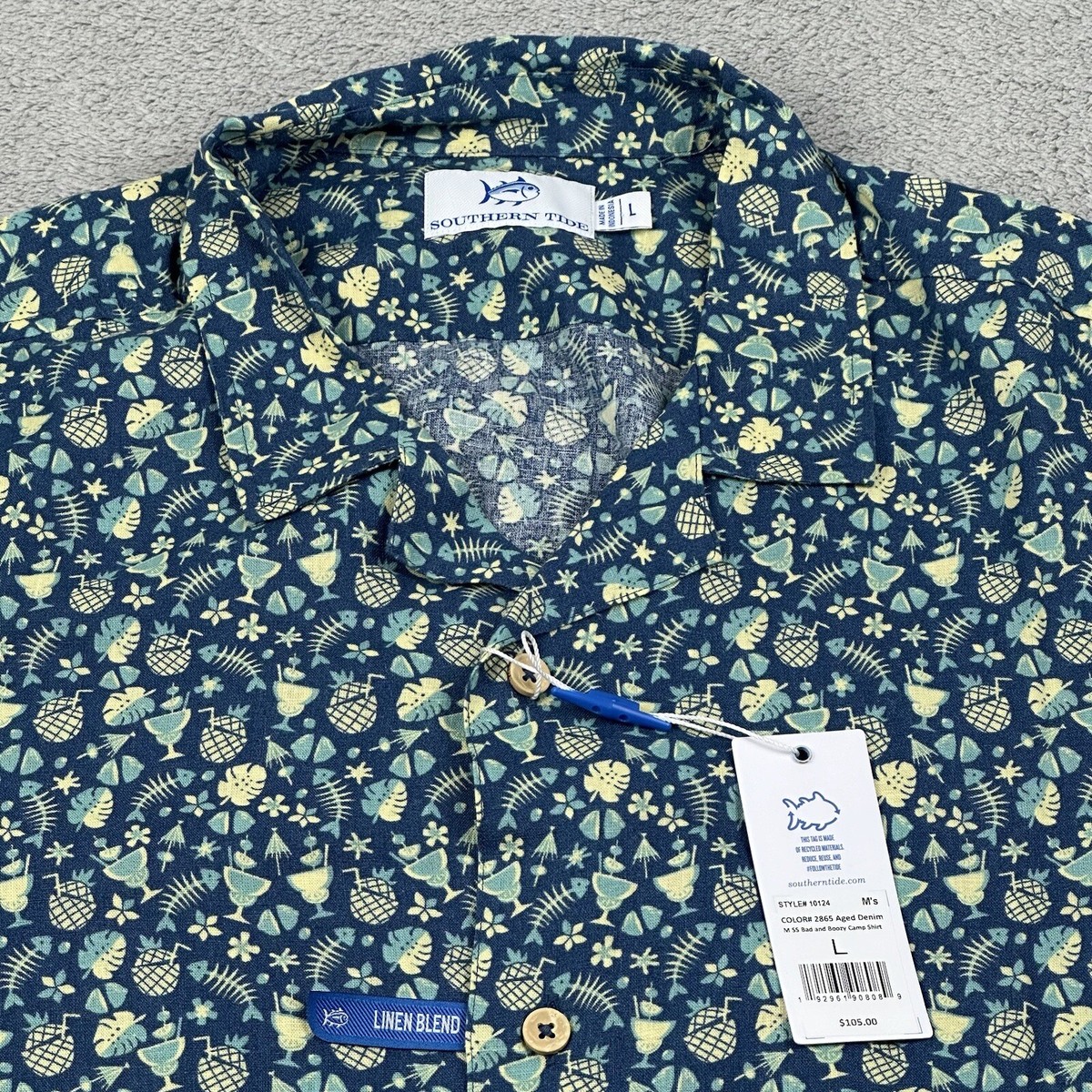 Southern Tide Men's Large Bad & Boozy Camp Shirt Linen Blend