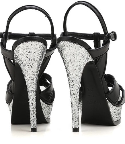 SAINT LAURENT Tribute Black With Silver Glitter On Heel And Platform Size 40 NIB - Picture 2 of 5