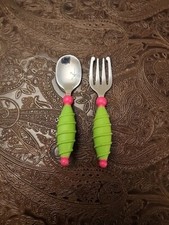 Vintage Gerber Fork And Spoon Set. Green, Chunky Knubby Handle, 5".