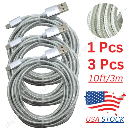Heavy Duty Charger Cable 3Pack 10Ft USB Charging Cord For Apple iPhone 13 12 X 8
