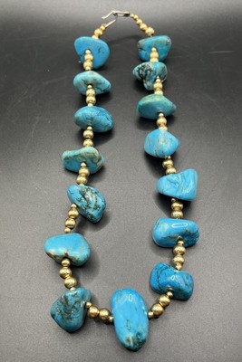 Vintage Santo Domingo Turquoise Native American 14k Gold Bead Necklace 19.5 