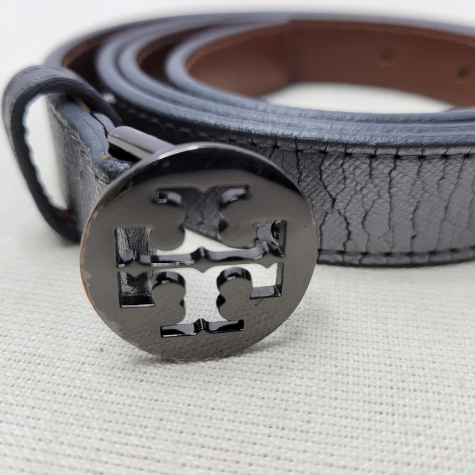 Tory Burch Thin Crackle Silver Leather Belt S Black Logo Buckle Fits 33"–38" USA - Image 2 of 4