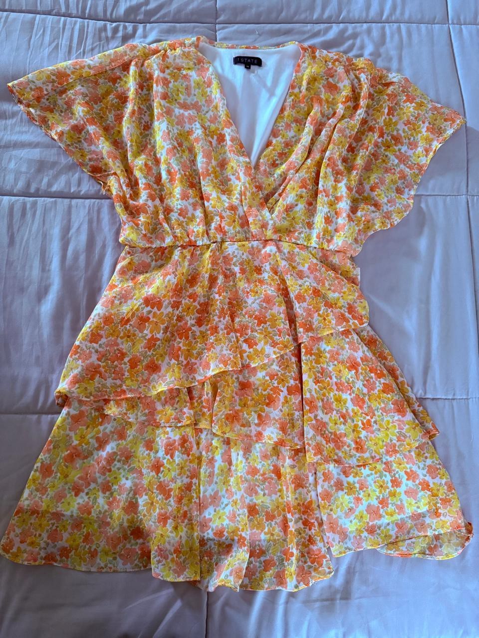 1 STATE Floral Chiffon Ruffle Layered Fit & Flare Short Dress V-Neck M Orange