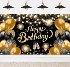 Happy Birthday Banner Glitter Black Gold Happy Birthday Backdrop Photo