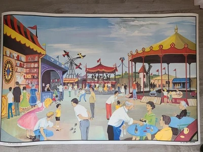 Ancienne affiche scolaire des années 50. La fête foraine et le Marché.... - Photo 1/4