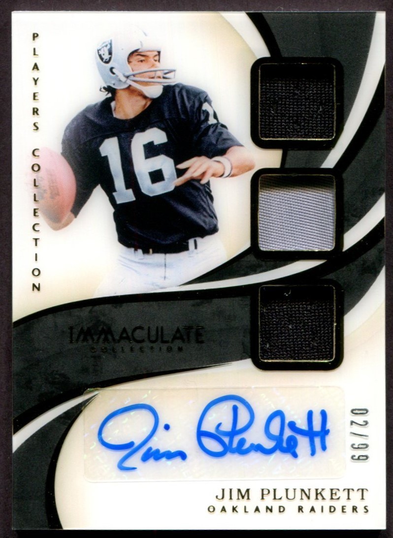 Jim Plunkett -- Auto /99 -- 2019 Immaculate -- Triple Patch Player Worn Relic view 1