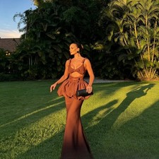 Chocolate Two Piece Mermaid Evening Dresses Spaghetti Straps Ruffle Peplum Gowns