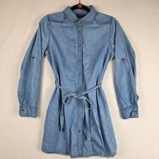 Chic Connection Women's Dress Small Blue Denim Shift Roll Up Tab Sleeves Beachy
