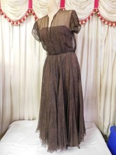 Vintage 1940's Silk Black w/ Brown Dots Dress Over Brown Slip Waist 26"