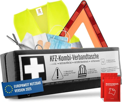 HELDENWERK Borsa combinata auto 3 in 1 set scatola medicazione 2026 standard + gilet alta visibilità + triangolo di avvertimento