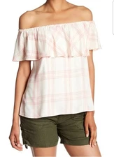 Sanctuary Clothing Off Shoulder Pink Plaid Misha Peasant Cottage Blouse Medium  