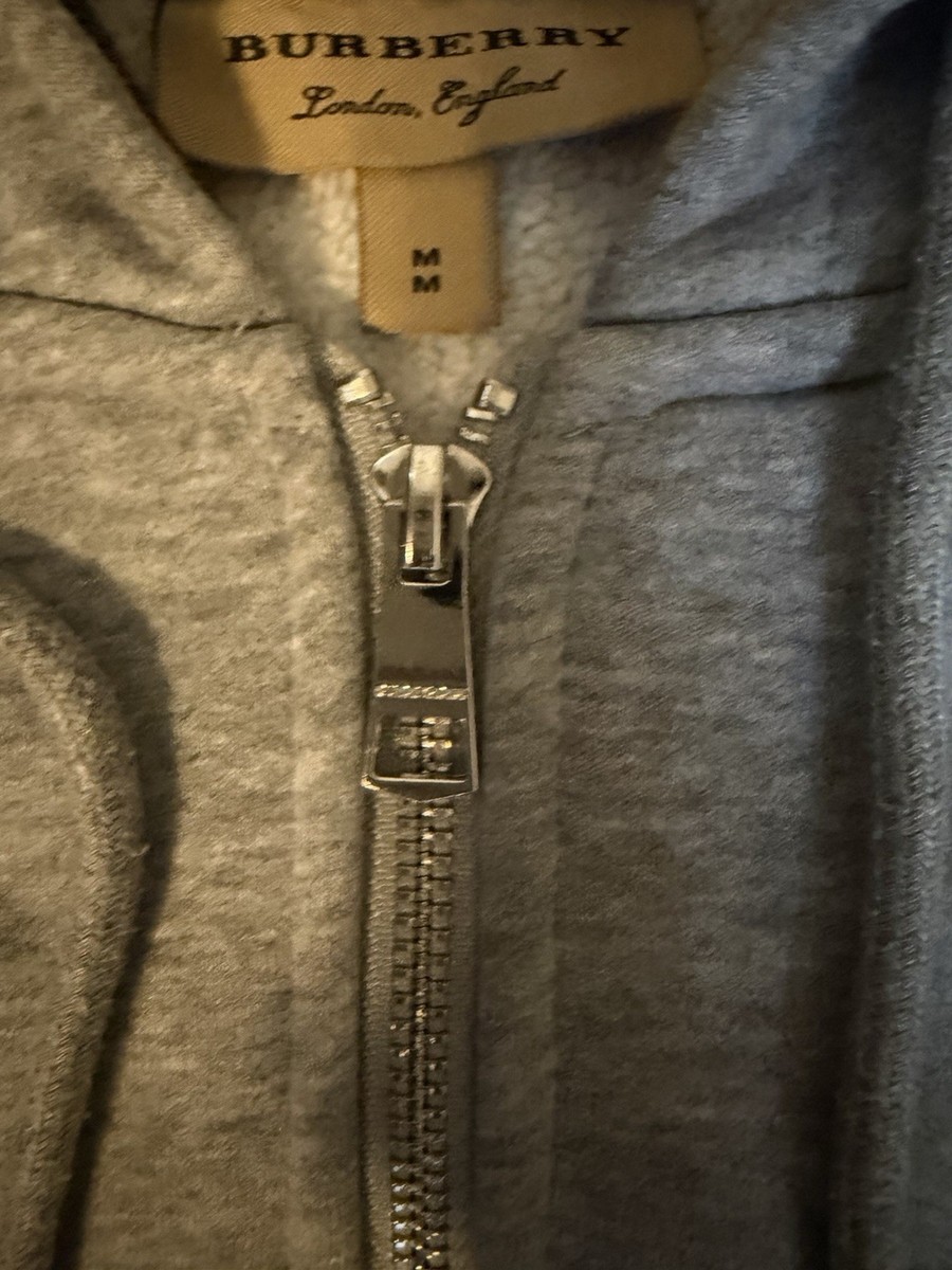 Burberry London Gray Full Zip Hoodie Men's M Plaid Hood Lining
