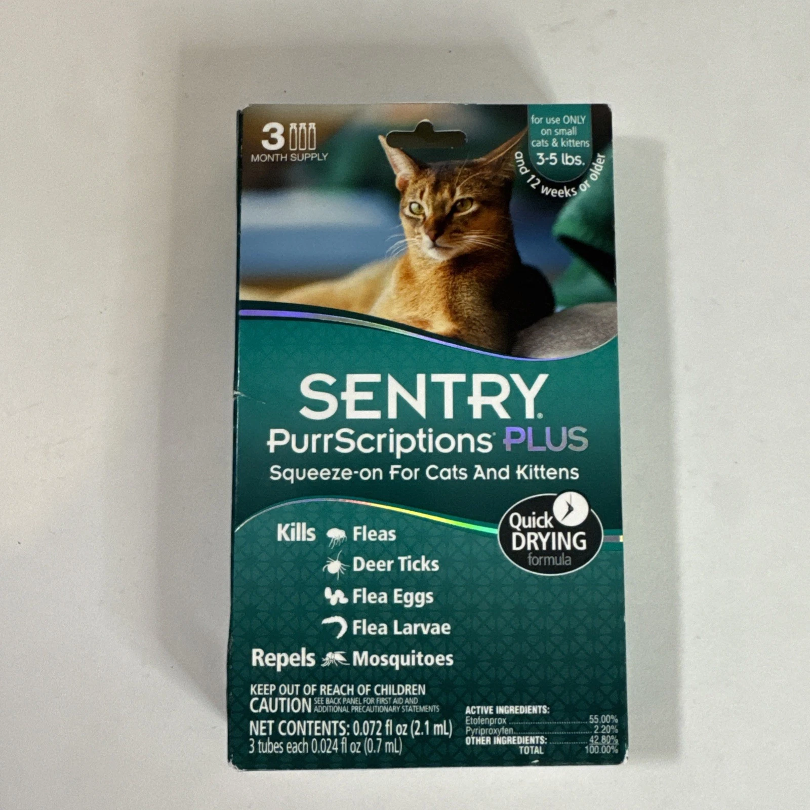 Sentry Cat Flea & Tick PurrScriptions PLUS Squeeze-On 3 Month Supply 3-5LB 12wk+ $15.50