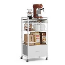 Coffee Bar Cabinet with Storage，5 Tier Coffee Station Table on Wheels, 33.6" ...