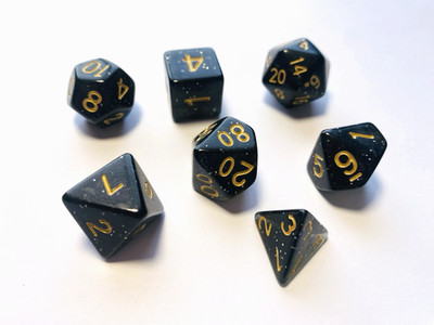 Midnight Stardust DND Dice Set 7pc Black Gold Resin Glitter Polyhedral RPG Dice