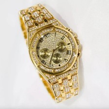 Luxury Gold Plated Triple Dial Quartz Watch with Rhinestones for Men