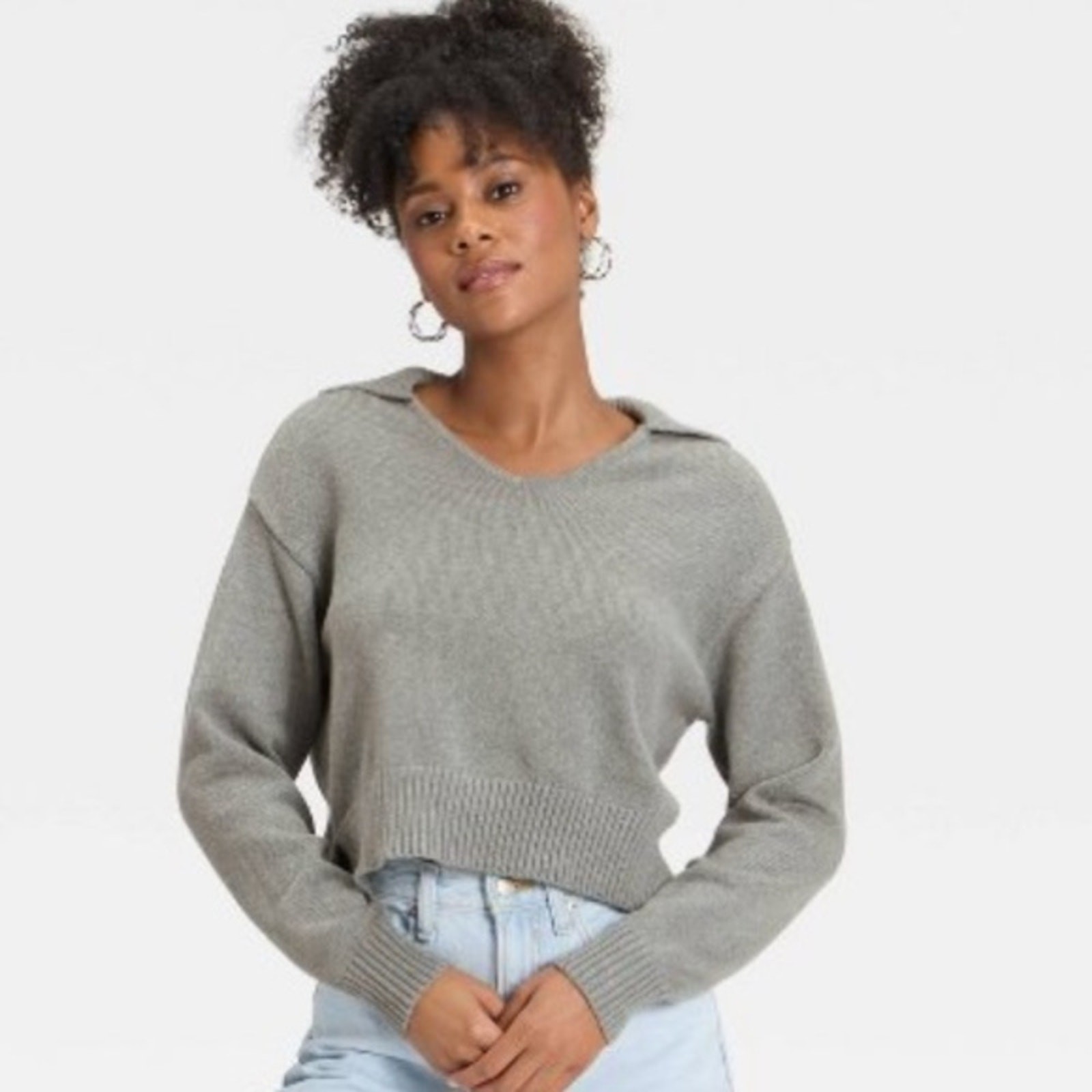 Universal Thread Gray Collared V-Neck Knit Sweate… - image 3