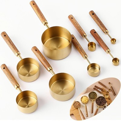 8Pcs Measuring Cups and Spoons Set - Golden Stainless Steel Measuring Cups wi...