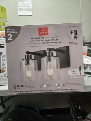 Globe Rechargeable Glass Wall Sconce 2Pk Black Wireless Removable Battery