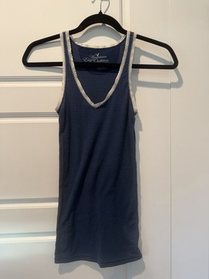 Y2K American Eagle Outfitters Blue Stripes Ribbed Long Layering Tank Lace Small