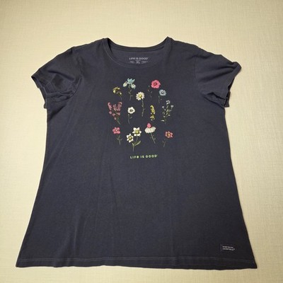 Life Is Good Women's Crusher-Lite T-Shirt Floral Print XL Navy Blue Cotton