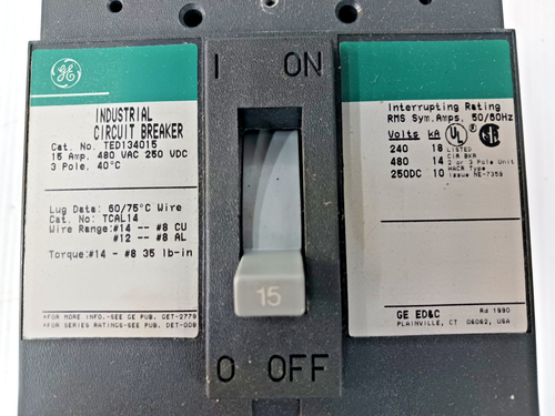GE GENERAL ELECTRIC 15 AMP CIRCUIT BREAKER 3 POLE 480 VAC TED134015 - Picture 7 of 8