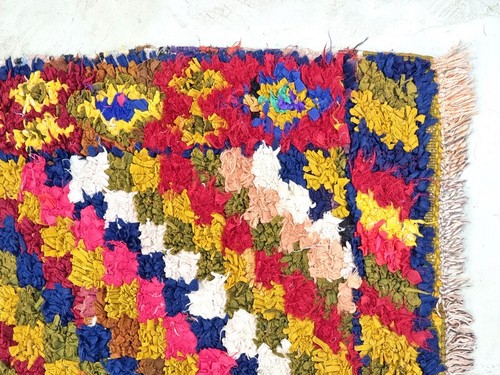Moroccan Handmade Vintage Boucherouite2'8x9'1Berber Checker Red &Blue Cotton Rug - Picture 7 of 12