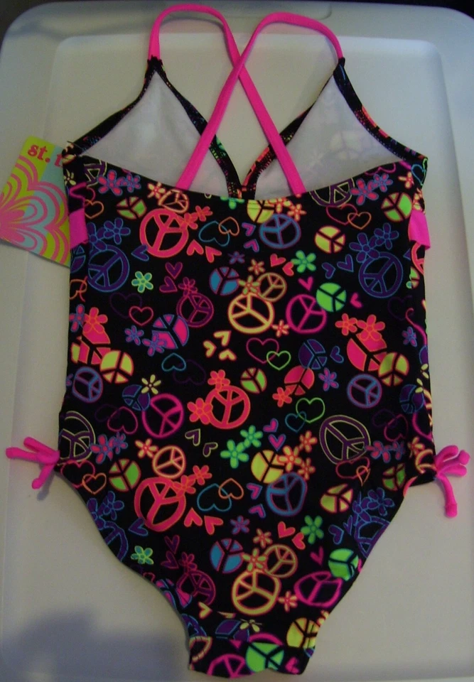 Girls St Tropez Black Pink Purple Floral Heart Peace Lined 1 Pc Swimsuit Sz 5 - Image 2 of 2