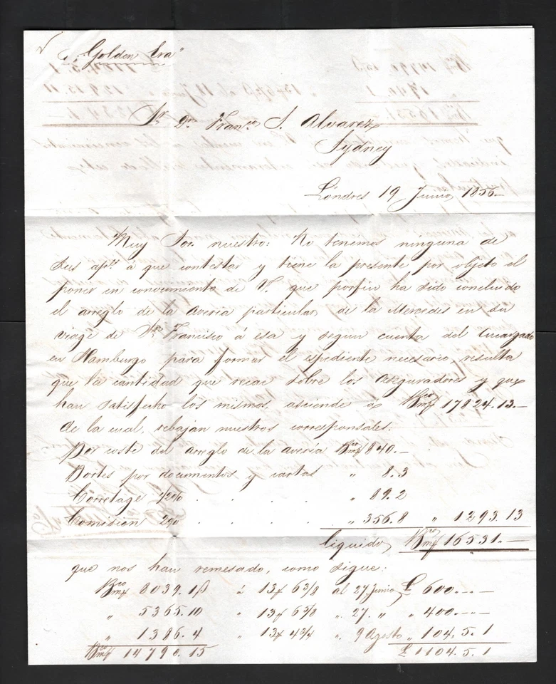 GB AUSTRALIA CLIPPER MAIL Cubierta 1856 CARTA DE ENVÍO SYDNEY Era Dorada Eliminada M18d Foto 4 de 4
