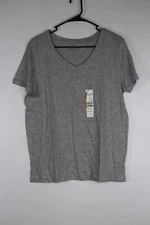 Women's Time and Tru V-Neck T-Shirt with Short Sleeves Grey Large