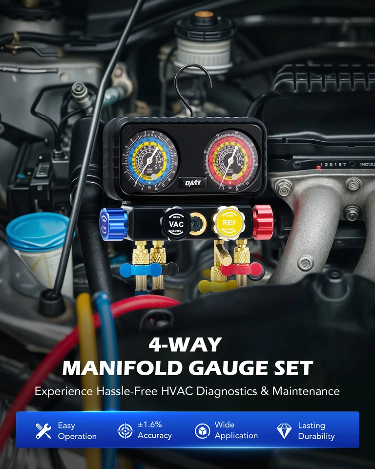 OMT AC Diagnostic Manifold Gauge Set 4 Way HVAC Gauges with Hoses for R1234yf - image 2 of 4