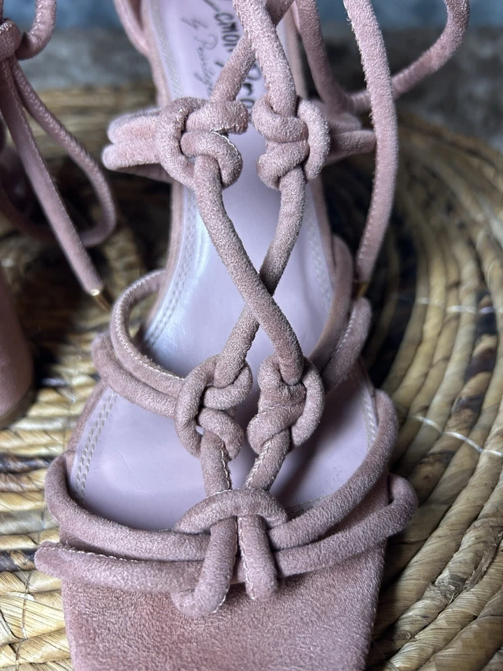 Sandalias de tacón alto rosa talla 11 para mujer con tiras de 4” tacón bloque sandalia romana de encaje Foto 3 de 4
