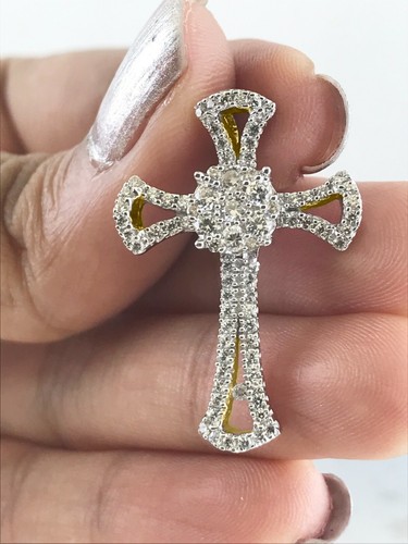 Deal! Solid 10K Gold 0.58 Ct Round Cut Natural Diamond Cluster Cross Pendant - Picture 7 of 25