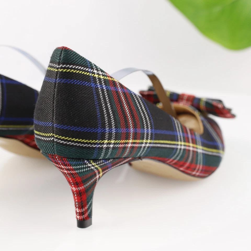 Zapato de vestir J Crew para mujer Esme Pump talla 10 negro rojo tartán a cuadros tacón de gatito Foto 4 de 4