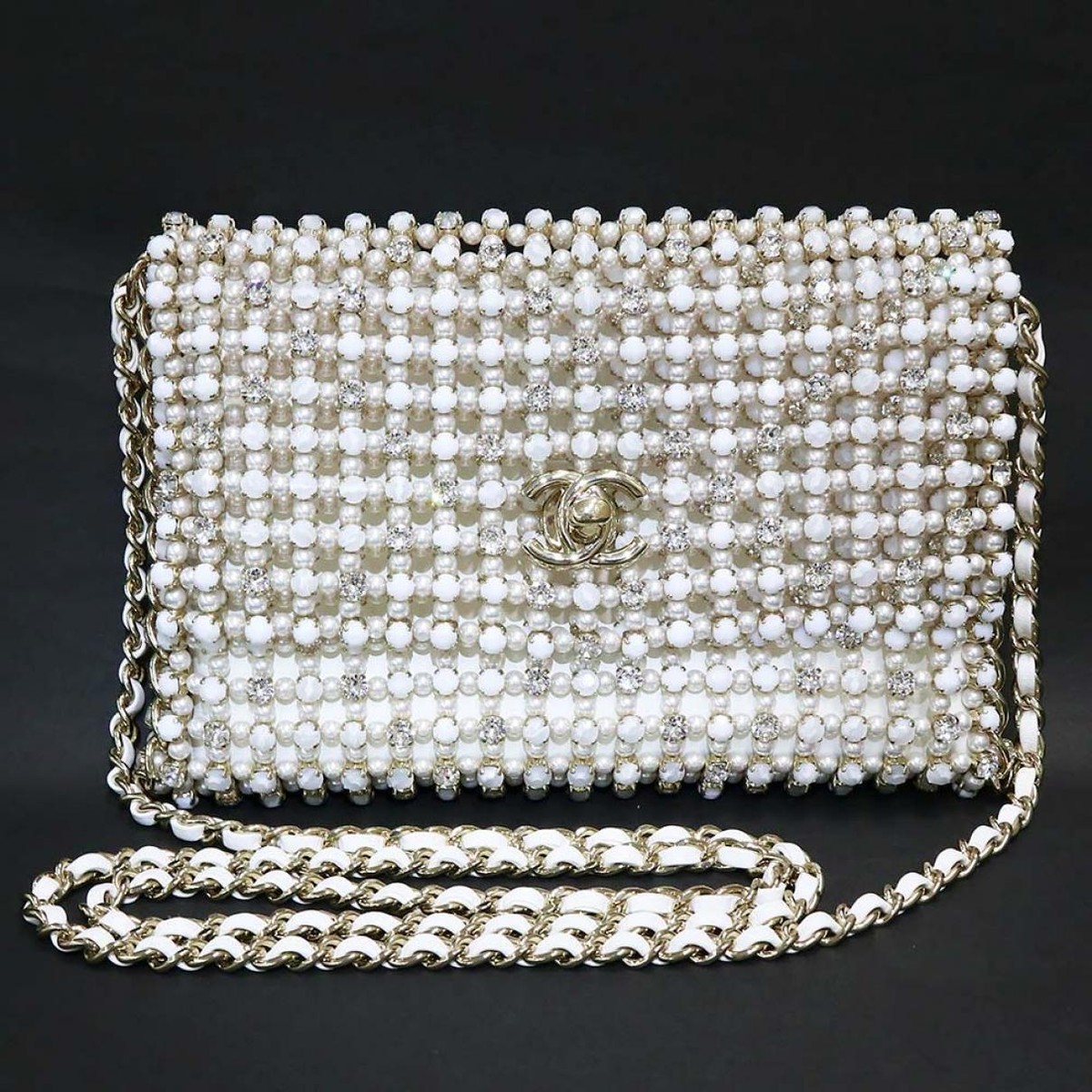 CHANEL 38 パール×キラキラツイード CHANEL Evening Pearl Chain Shoulder Bag Pearl Strass Bijou